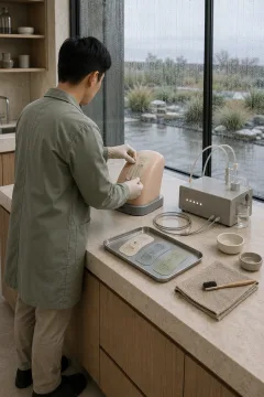 Anonymous biomedical scientist calibrating a flexible wearable biosensor patch on a synthetic tissue phantom in a serene rain-lit medical research laboratory.