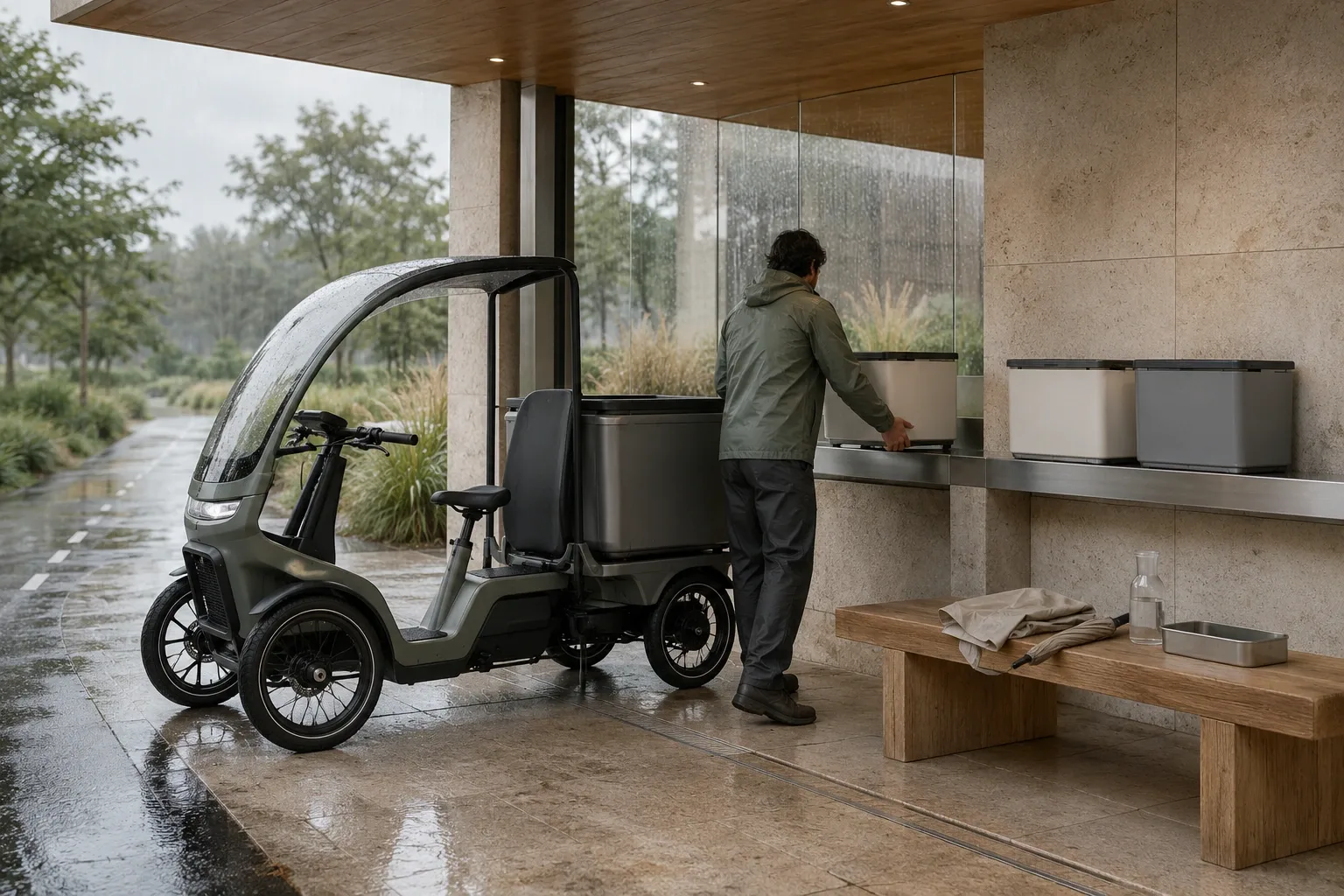 Anonymous courier transferring a modular parcel container beside an unbranded electric cargo trike inside a rain-washed contemporary urban mobility pavilion.