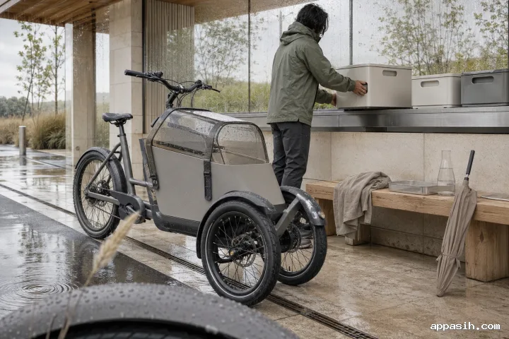Close low-angle view of an anonymous courier completing a modular parcel transfer beside an unbranded electric cargo trike in a rain-streaked urban mobility pavilion.