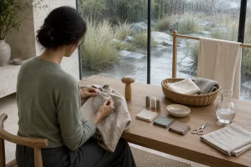 Anonymous adult hand-mending an oatmeal linen overshirt at an oak table inside a serene rain-streaked glass conservatory.