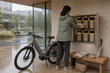 Anonymous commuter exchanging a removable electric bicycle battery inside a calm limestone and glass urban mobility pavilion during a gentle morning shower.
