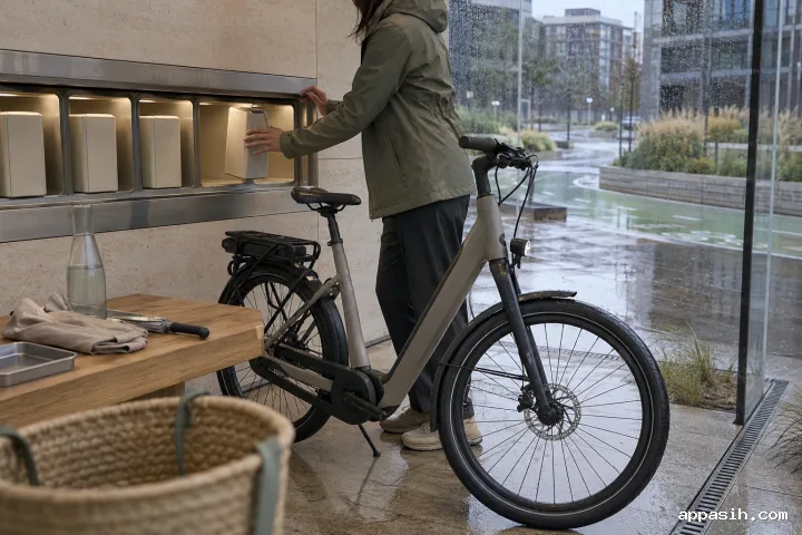 Close side-front view of an anonymous commuter finishing an electric bicycle battery exchange in a rain-streaked limestone and glass micromobility pavilion.