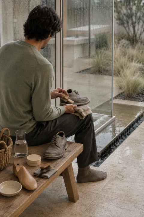 Anonymous adult brushing a pair of warm-gray walking shoes on an oak bench inside a serene rain-streaked limestone and timber conservatory.
