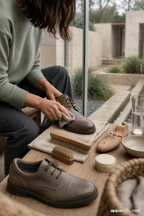 Close portrait view of an anonymous adult buffing a warm-gray leather walking shoe during a quiet rainy-morning care ritual in a limestone and glass conservatory.