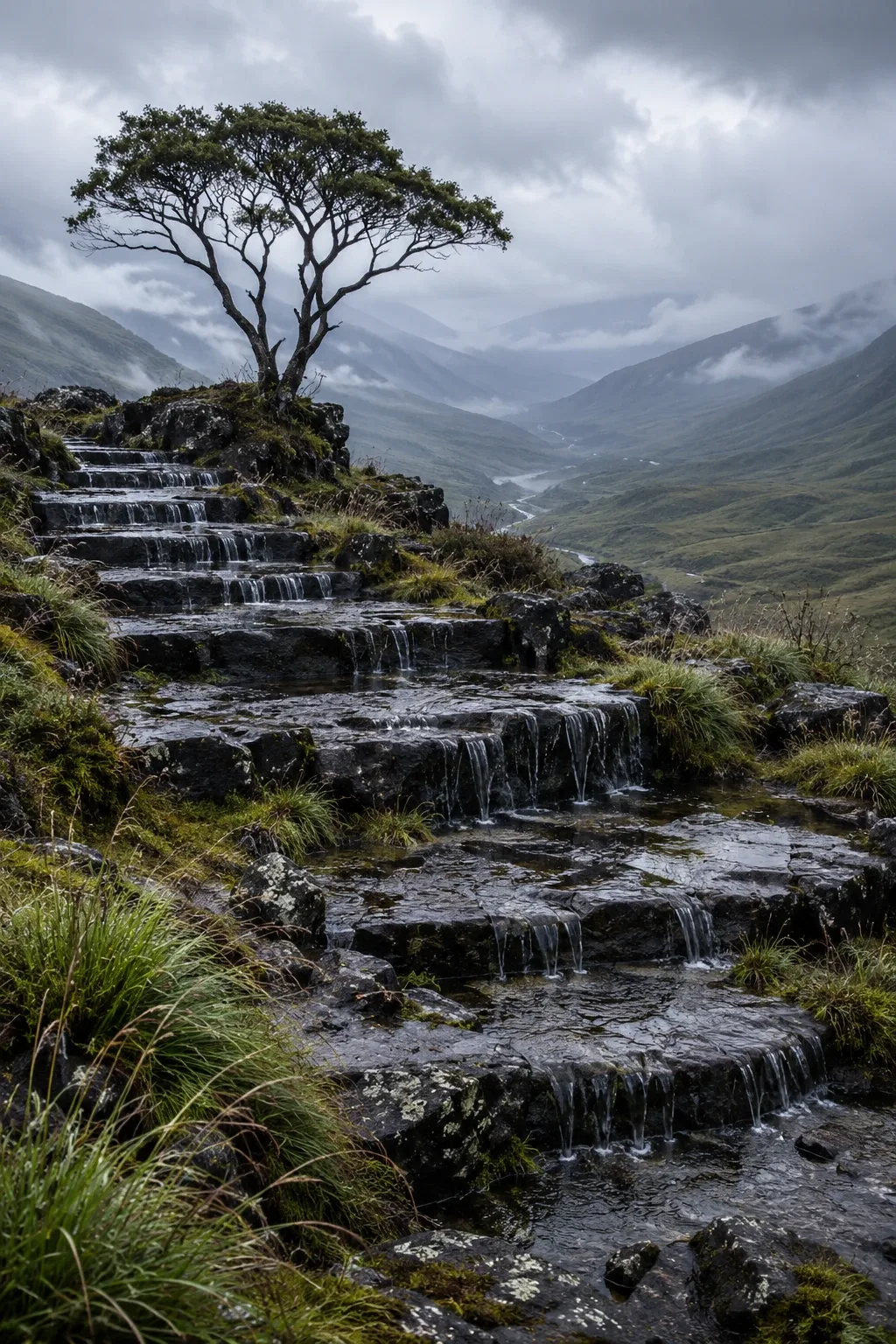 Portrait view of rain-fed dark basalt terraces cascading through silver-green highland grasses toward a misty mountain valley beneath soft overcast morning clouds.