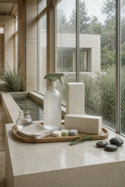 Portrait product mockup of a blank refillable frosted glass cleaning spray bottle, three dissolvable tablets, and warm-ivory refill cartons displayed on pale limestone in a rain-lit conservatory.