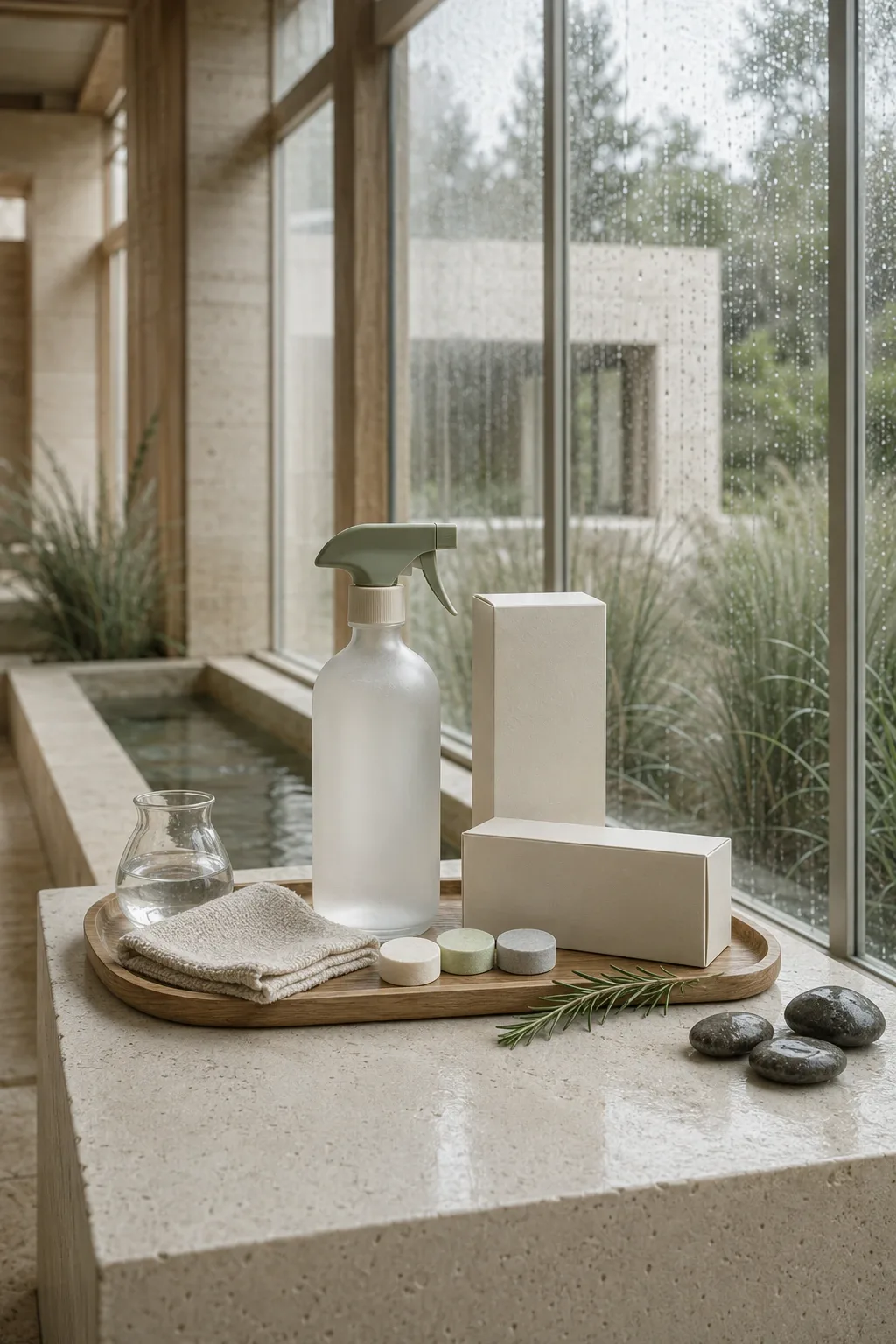 Portrait product mockup of a blank refillable frosted glass cleaning spray bottle, three dissolvable tablets, and warm-ivory refill cartons displayed on pale limestone in a rain-lit conservatory.