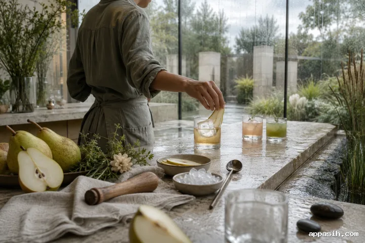 Close side-front view of an anonymous beverage artisan placing a fresh pear slice into a pale amber botanical shrub drink at a rain-washed limestone conservatory tasting counter.