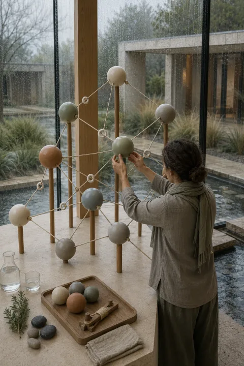 Portrait conceptual editorial scene of an anonymous facilitator adjusting a network of tensioned cords and neutral ceramic nodes on a limestone table inside a rain-streaked contemporary conservatory.