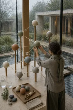 Portrait conceptual editorial scene of an anonymous facilitator adjusting a network of tensioned cords and neutral ceramic nodes on a limestone table inside a rain-streaked contemporary conservatory.