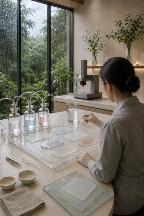 Anonymous medical materials scientist testing translucent hydrogel wound-dressing samples on a laboratory bench inside a rain-lit contemporary conservatory lab.