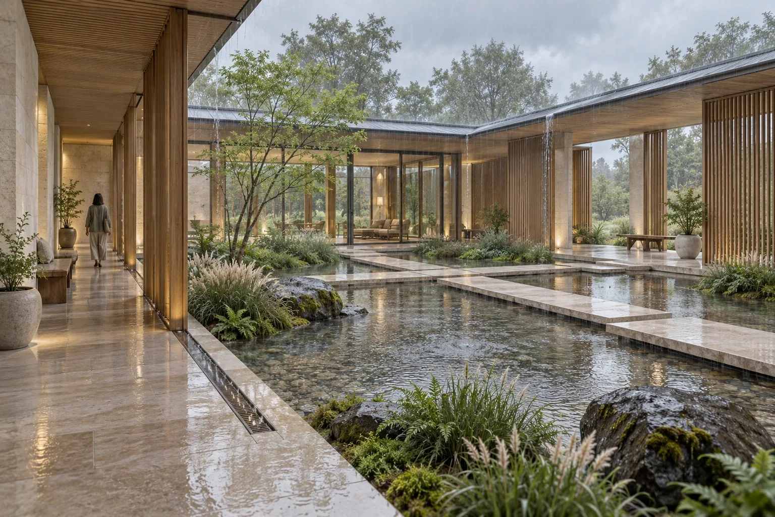 Contemporary limestone and timber passive-cooling courtyard pavilion with a shallow rainwater basin, planted edges, covered walkways, and one anonymous visitor during a gentle morning shower.