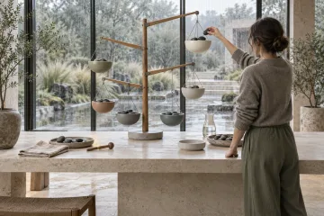 Anonymous facilitator redistributing stone weights across suspended ceramic vessels on a balanced timber structure inside a rain-washed limestone conservatory, symbolizing strategic priorities and resource tradeoffs.