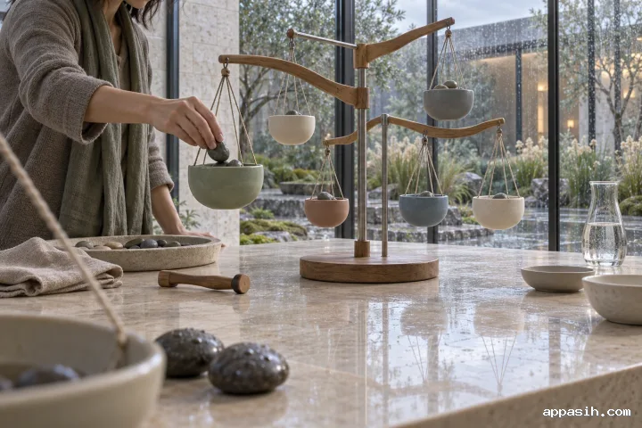 Closer low three-quarter view of an anonymous facilitator placing a stone weight into a suspended ceramic vessel as interconnected timber balance arms shift inside a softly rain-lit conservatory.