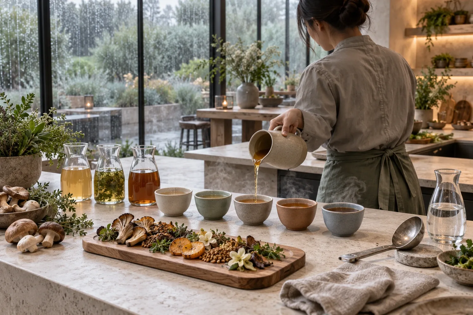 Contemporary rainy conservatory tasting counter with five ceramic cups of clear seasonal vegetable broth, roasted mushrooms, herbs, and an anonymous culinary professional pouring broth.