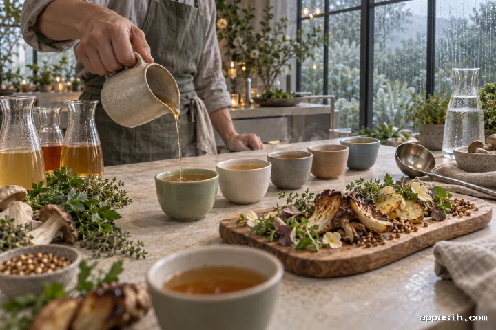 Close side-front view of a rainy conservatory umami tasting counter as an anonymous culinary professional finishes pouring amber vegetable broth into a muted-sage ceramic cup beside mushrooms and herbs.