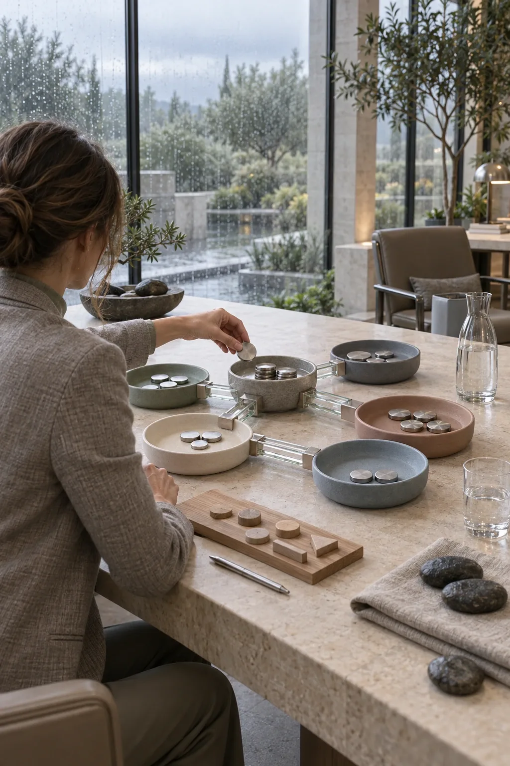 Anonymous financial strategist allocating blank metal discs among unmarked ceramic trays connected by glass channels on a limestone table in a rain-washed conservatory office.