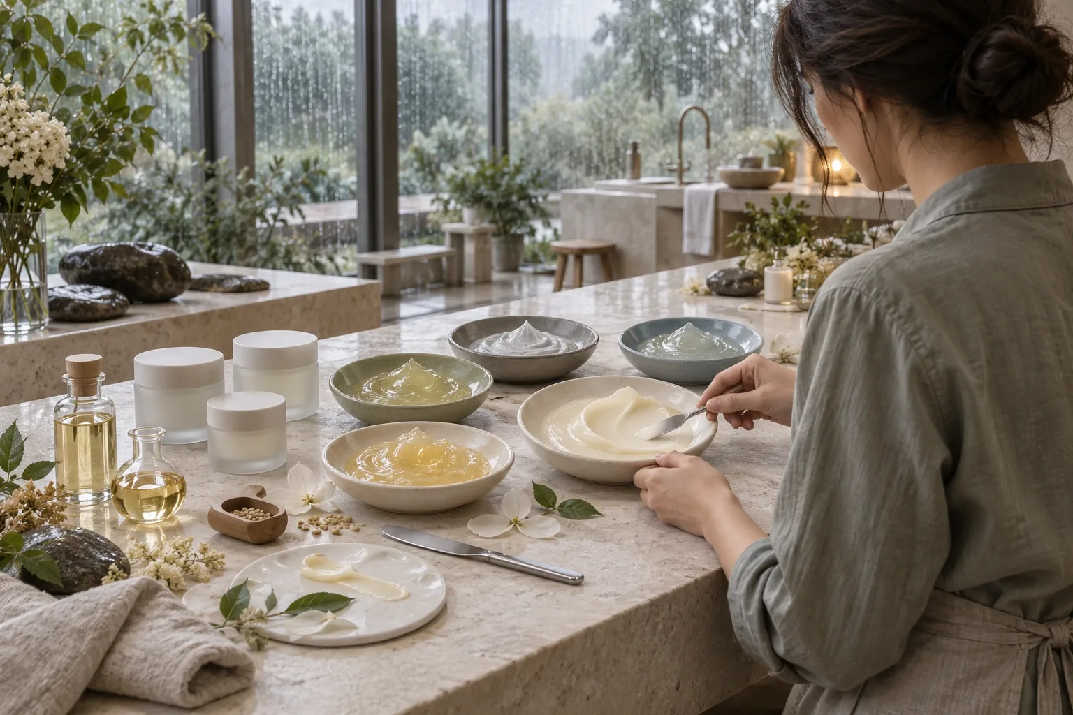 Rain-washed conservatory beauty atelier with unmarked cosmetic balm dishes, frosted skincare jars, botanical oils, spatulas, and an anonymous cosmetic formulator.