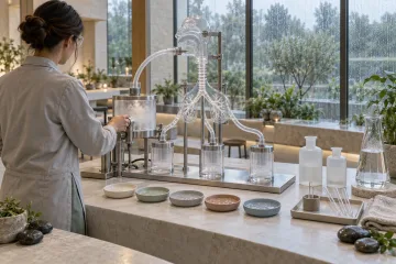 Landscape medical research laboratory with an anonymous biomedical researcher calibrating a transparent respiratory airway phantom connected to a controlled aerosol mist system inside a rain-washed contemporary conservatory.