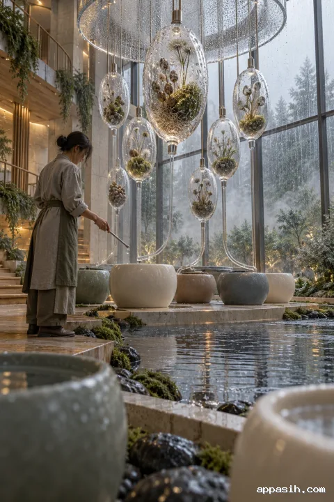 Closer low three-quarter portrait view of a rain-soaked conservatory seed archive with nine suspended translucent botanical vessels, ceramic moisture reservoirs, reflecting basin, mist, and an anonymous keeper releasing a condensation droplet.