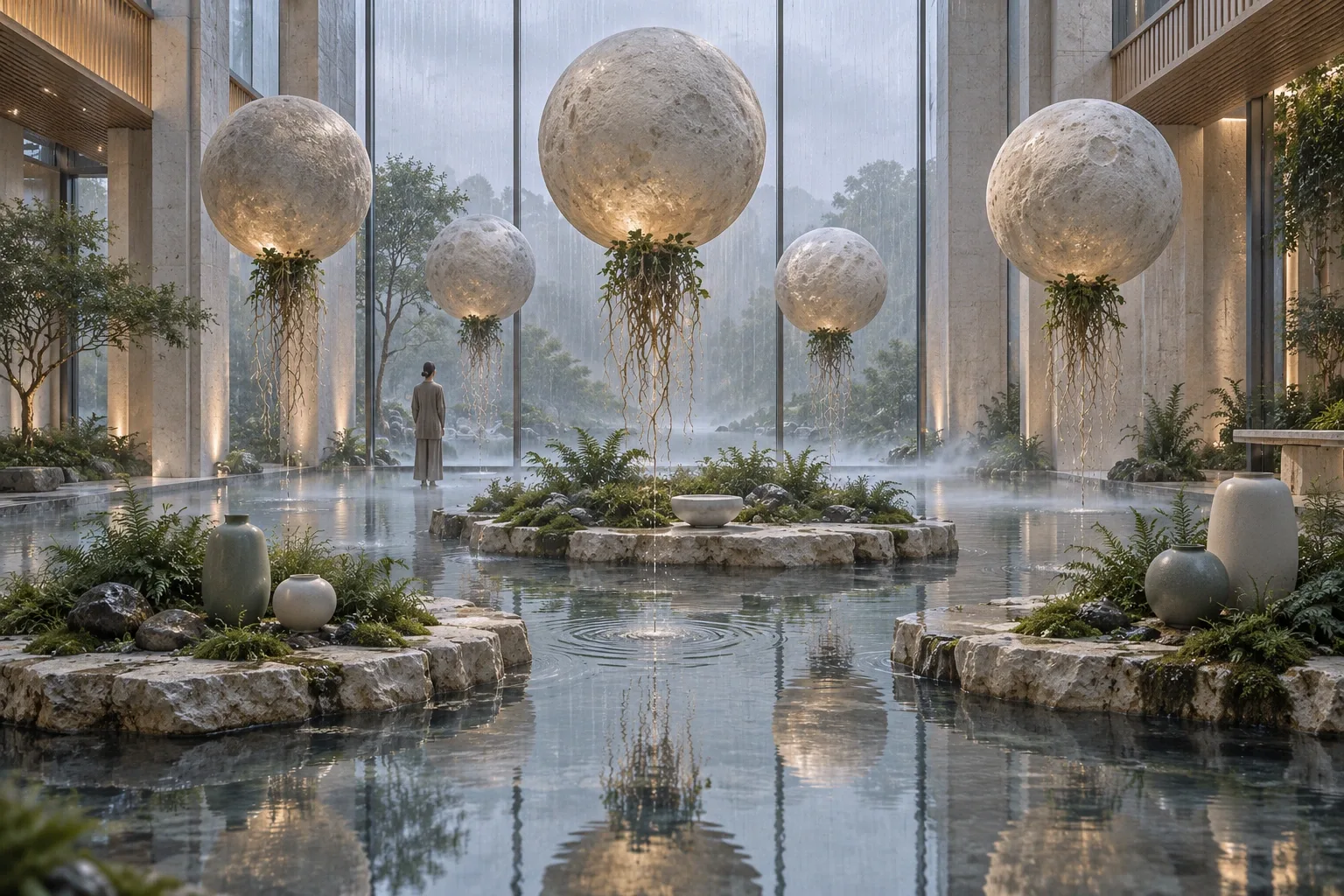 Surreal rain-soaked limestone conservatory with six luminous stone moons hovering above reflective botanical pools, suspended roots, mist, moss, and a distant caretaker.