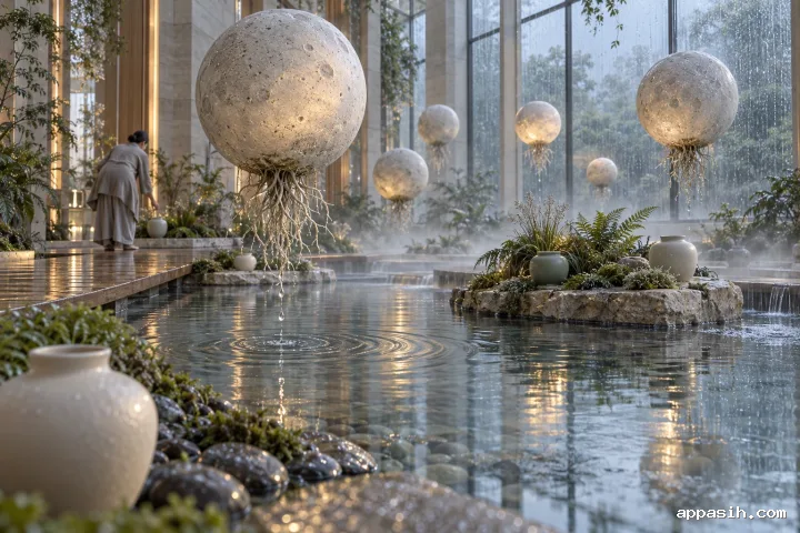 Closer low three-quarter view of a surreal rainy conservatory with six luminous floating stone moons, suspended roots, reflective pools, botanical islands, mist, and a caretaker placing a ceramic vessel.