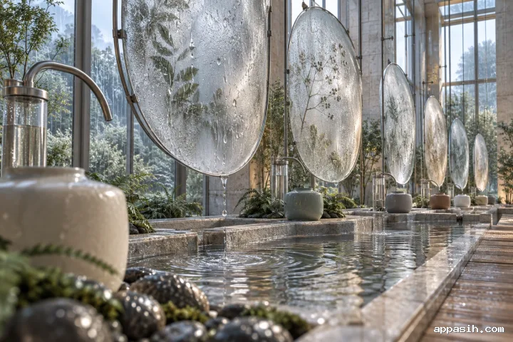 Closer low three-quarter landscape view of translucent botanical memory membranes collecting condensation above reflective water channels in a rainy contemporary conservatory.