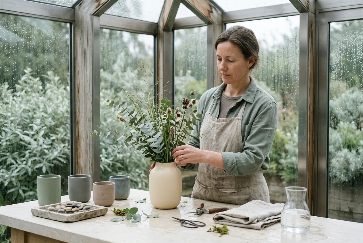 Anonymous botanical artisan arranging silver-green branches in a warm ivory ceramic vessel inside a rain-streaked limestone conservatory.