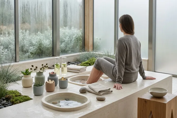 Serene contemporary wellness conservatory with an anonymous guest using a warm foot-soak basin among ceramic botanical vessels, grounding stones, towels, soft steam, and rain-streaked glazing.