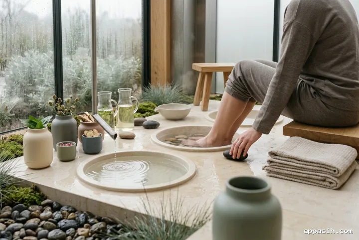 Closer low side-front view of an anonymous wellness guest at a warm hydrotherapy foot-soak platform, placing a grounding stone beside steaming water amid botanical vessels, towels, wet pebbles, and rain-streaked conservatory glazing.