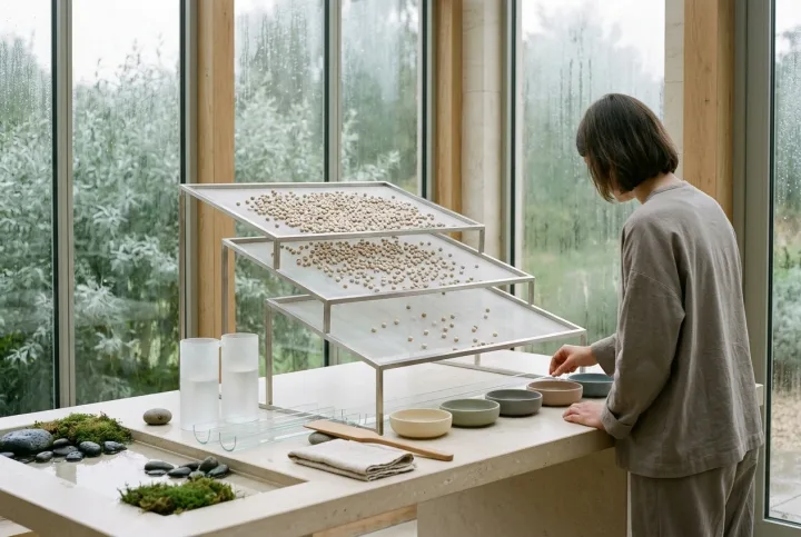 Rain-soaked conservatory editorial installation with layered translucent filtering screens sorting many ceramic beads into five muted ceramic vessels while an anonymous researcher selects one final bead.