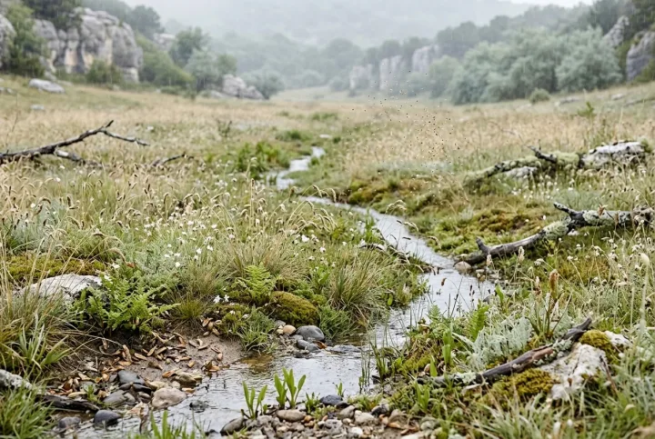 Rain-washed regenerative meadow with native grasses, seed heads, mossy limestone, shallow water channels, and windborne seeds beneath soft overcast morning light.