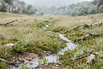 Rain-washed regenerative meadow with native grasses, seed heads, mossy limestone, shallow water channels, and windborne seeds beneath soft overcast morning light.