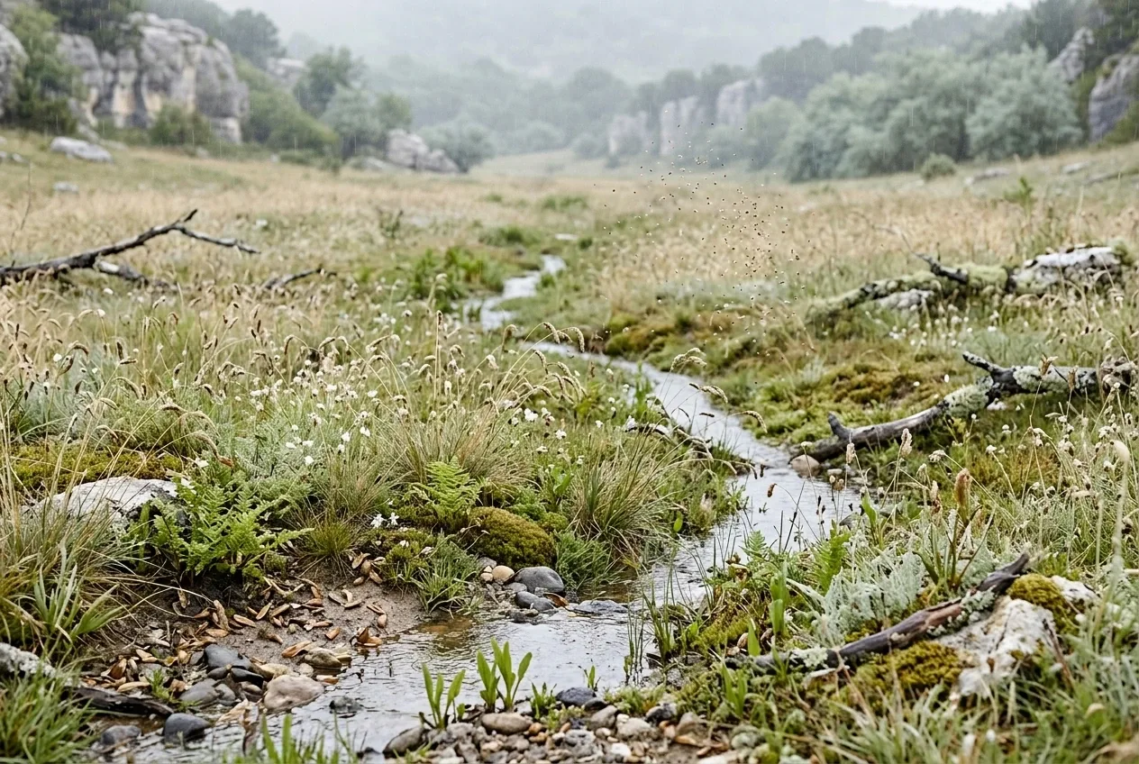 Rain-washed regenerative meadow with native grasses, seed heads, mossy limestone, shallow water channels, and windborne seeds beneath soft overcast morning light.