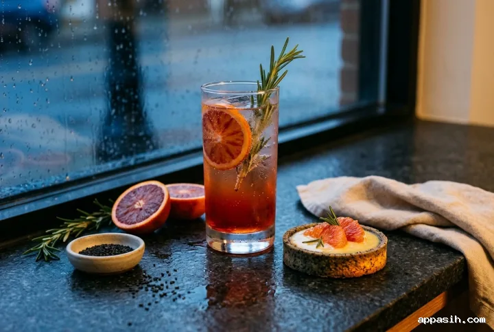 Wider blue-hour view of a blood orange rosemary spritz and black sesame citrus tart beside a rain-streaked café window.