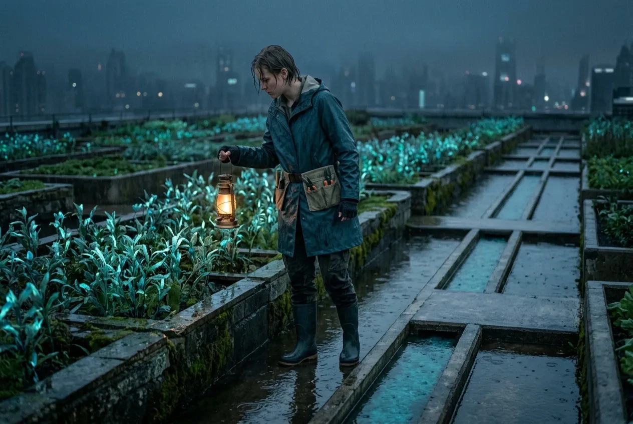 A young lantern keeper in a teal raincoat tending glowing plants in a rain-soaked rooftop garden above a misty city at blue hour.