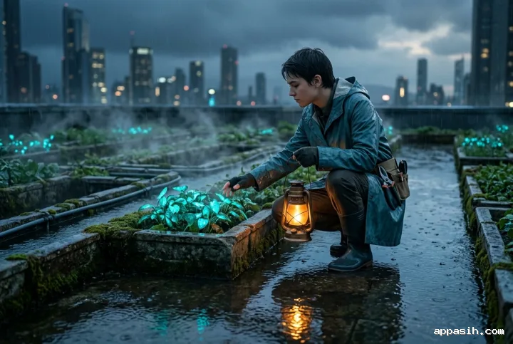 A lantern keeper crouches beside cyan glowing plants in a reflective rooftop rain garden, holding an amber lantern beneath rainy blue-hour skies.
