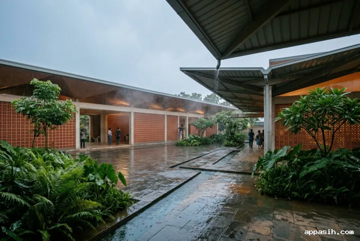 Slightly elevated view across a tropical library courtyard with terracotta screens, folded rain-harvesting canopy, reflective water channels, planted edges, and warm sheltered lighting during monsoon rain.
