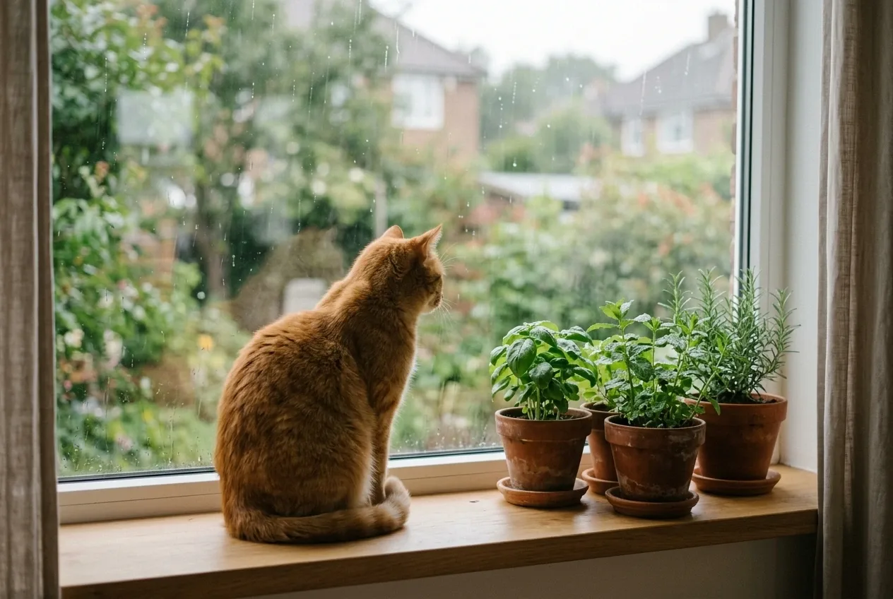 Ginger cat sitting beside potted herbs on a wooden windowsill while watching gentle rain outside.