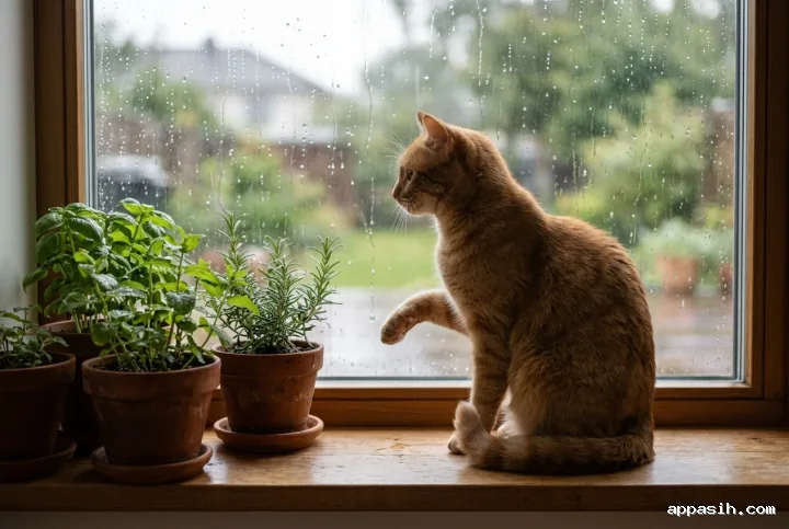 Ginger cat lifting a paw toward rain on a window beside terracotta pots of fresh indoor herbs.