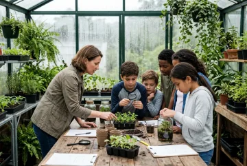 Students and a teacher studying seedlings and miniature ecosystems during a rainy morning science lesson inside a school greenhouse.