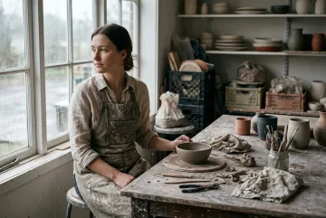 Ceramic artist seated beside a rain-streaked pottery studio window with handmade clay vessels on a wooden table.
