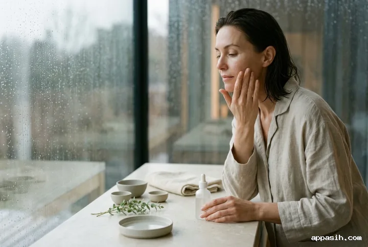Closer three-quarter view of a woman smoothing facial serum onto her cheek beside rain-covered glass and a minimalist botanical skincare vanity.
