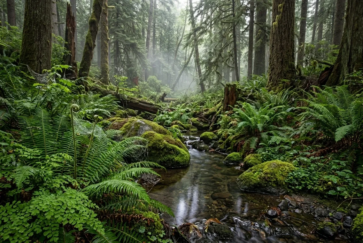 Rain-soaked fern basin with mossy stones, clear stream, suspended droplets, and soft dawn mist beneath a dense forest canopy.