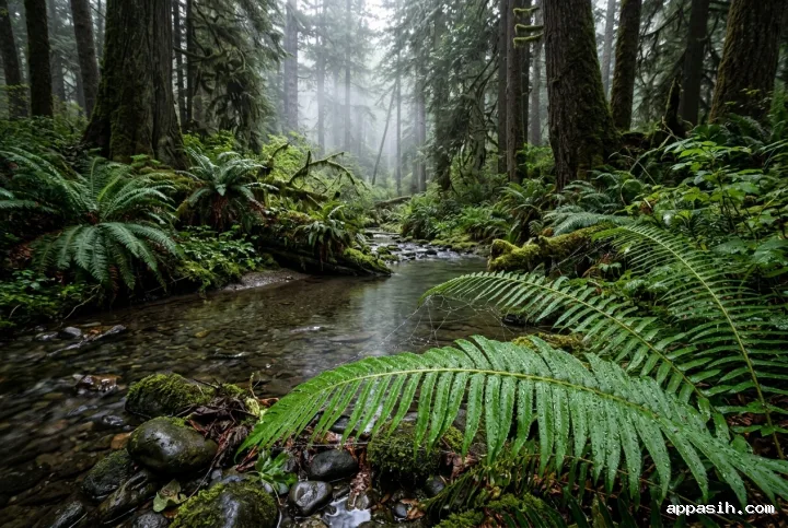 Low three-quarter view across a rain-soaked fern basin with detailed water droplets, moss-covered stones, a winding shallow stream, and silver dawn mist among forest trees.