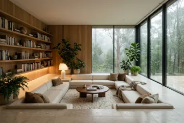 Warm contemporary sunken reading lounge with timber shelving, cream seating, indoor plants, and rainy forest views through large windows.