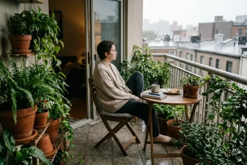 Young adult enjoying coffee on a plant-filled apartment balcony during a quiet rainy morning.