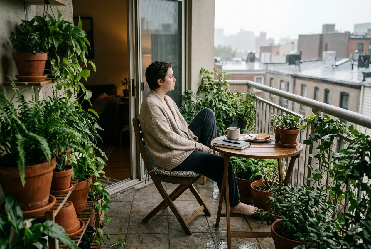 Young adult enjoying coffee on a plant-filled apartment balcony during a quiet rainy morning.