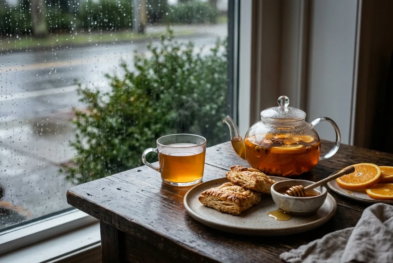 Warm citrus herbal tea with honey, orange slices, and pastries on a wooden table beside a rain-covered cafe window.