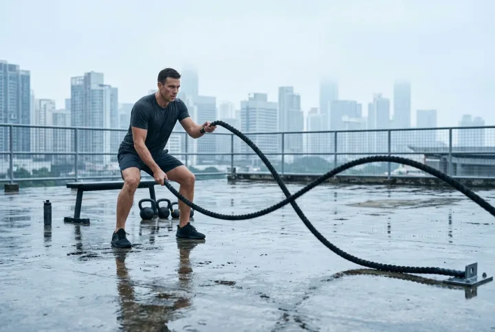 Athlete performing battle rope intervals on a wet rooftop training deck during a misty urban morning.